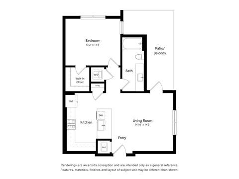 A floor plan of a small apartment with a living room, kitchen, bathroom, and bedroom.